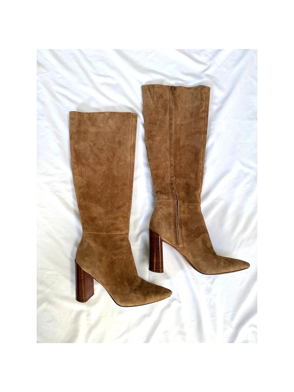 Vince Camel Brown Tan Suede Leather Pilar Knee High Stacked Heeled Boots, 7.5
